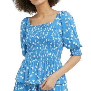 Draper James Blue‎ Floral Smocked Blouse